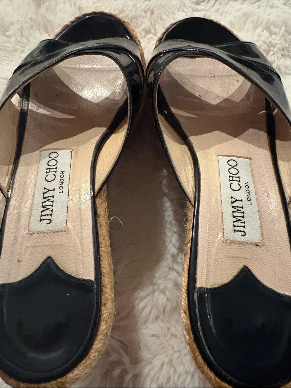 Jimmy Choo Black Patent Leather Espadrille Platform Wedge Slide Sandals EU 36